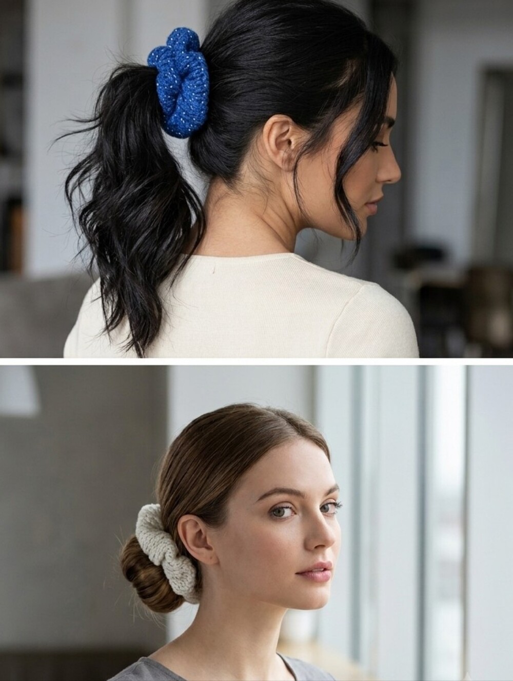 Hand Knit Set Of Two Poneytail Scrunchies